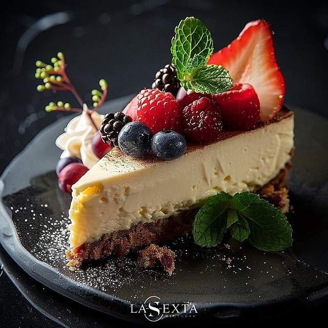 Rebanada de cheesecake con frutos rojos.