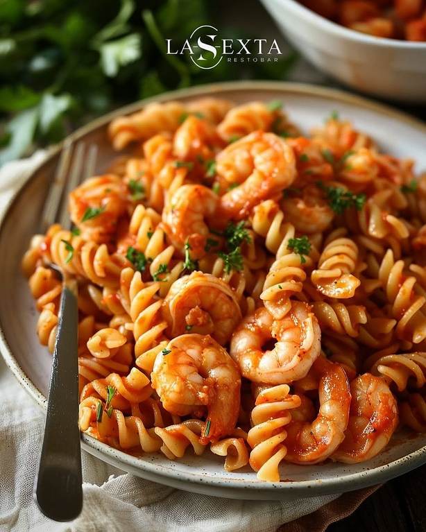 Fusilli con camarones en salsa de tomate.