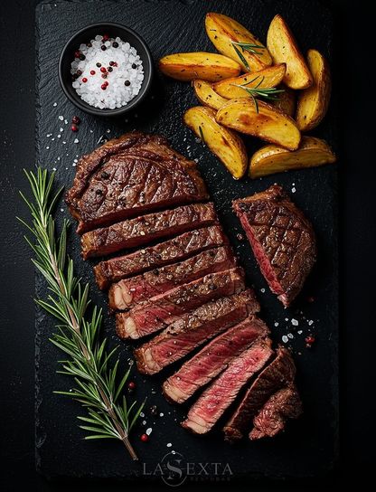 Rib eye en cortes con papas rostizadas.